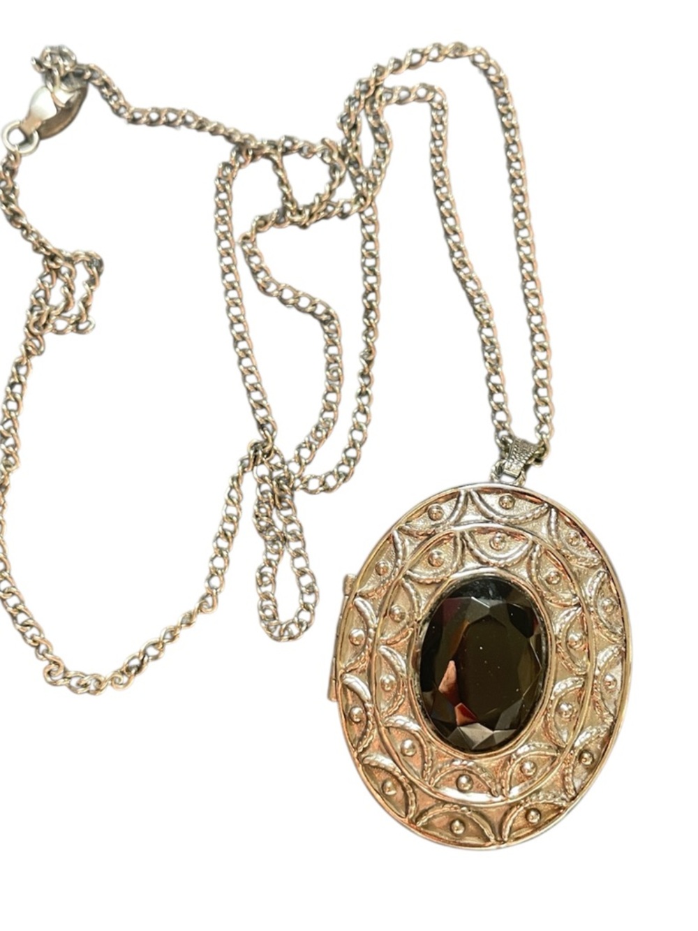 Vintage Avon Silvertone Black Stone Oval Brooch/Pendant Necklace Perfume Locket